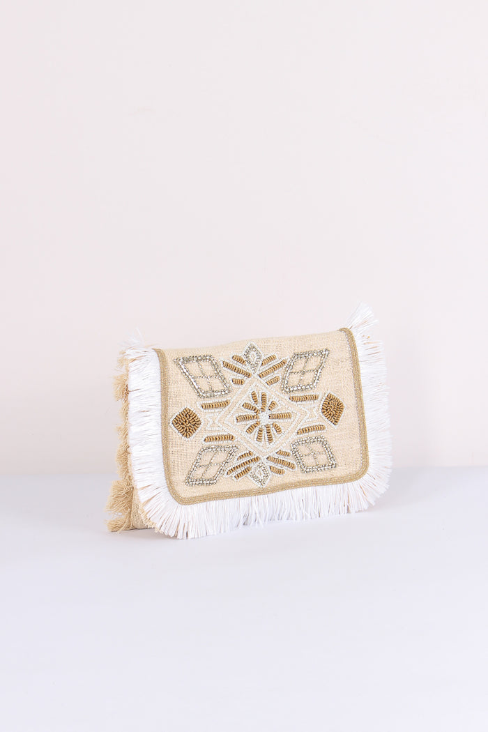 Pochette Ricami Frange Bianco-4