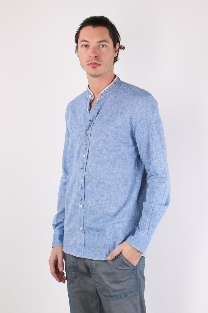 Camicia Lino Ricami Colletto Blu-3