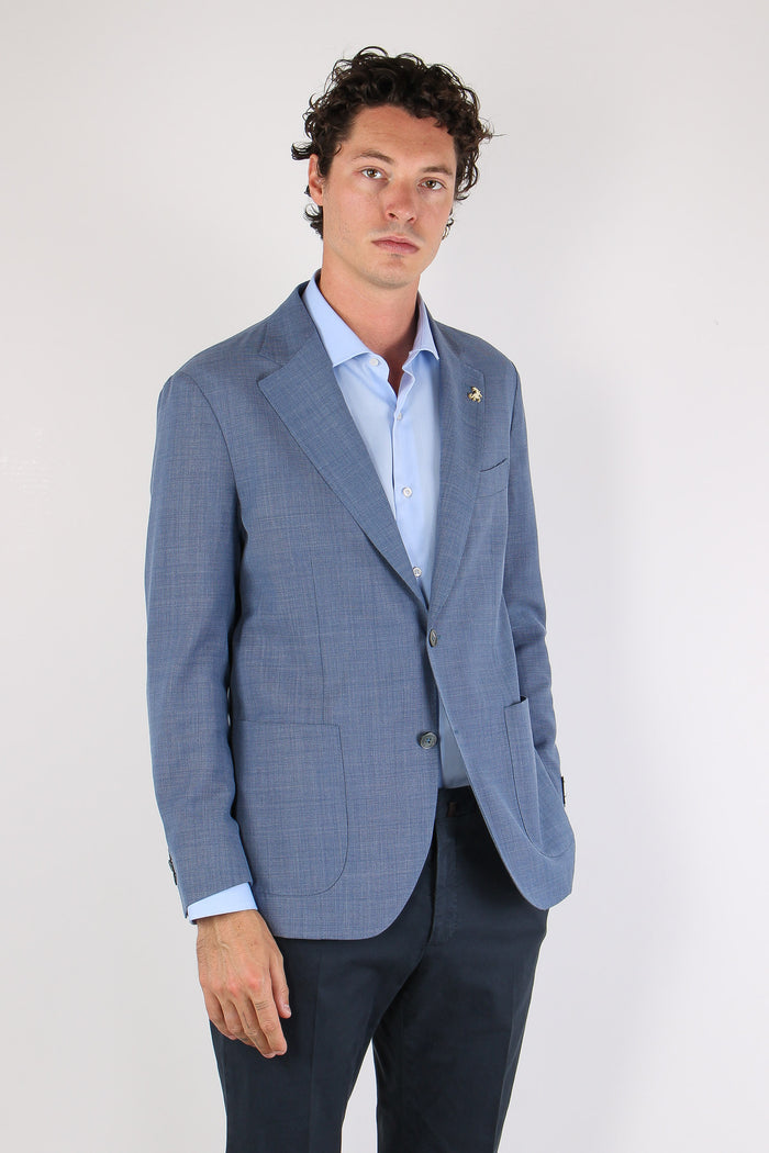 Giacca Micro Quadro Tasca Topp Azzurro-7