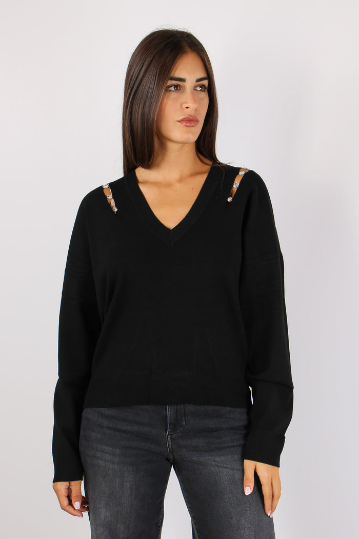 Maglia Scavo V Inserto Strass Nero-8