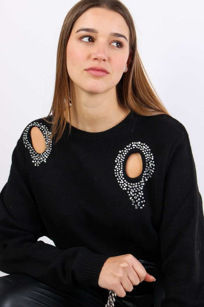 Maglia Aperture Davanti Strass Black-7