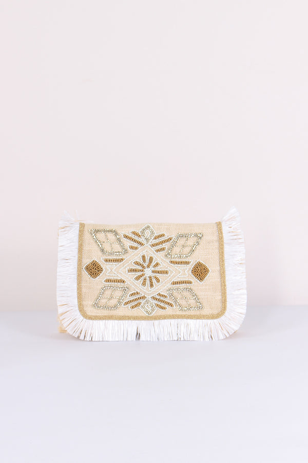 Pochette Ricami Frange Bianco