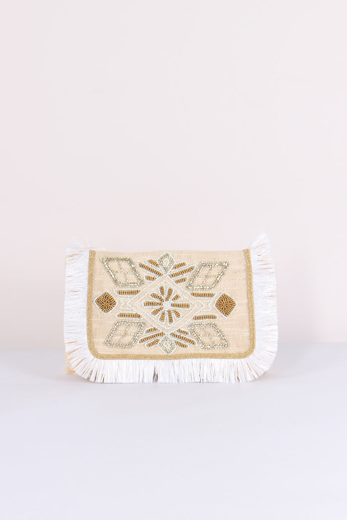 Pochette Ricami Frange Bianco