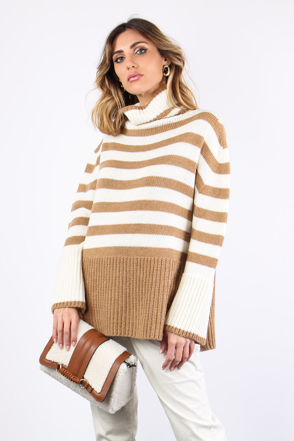 Maglia Riga Spacchi Cammello/latte-2