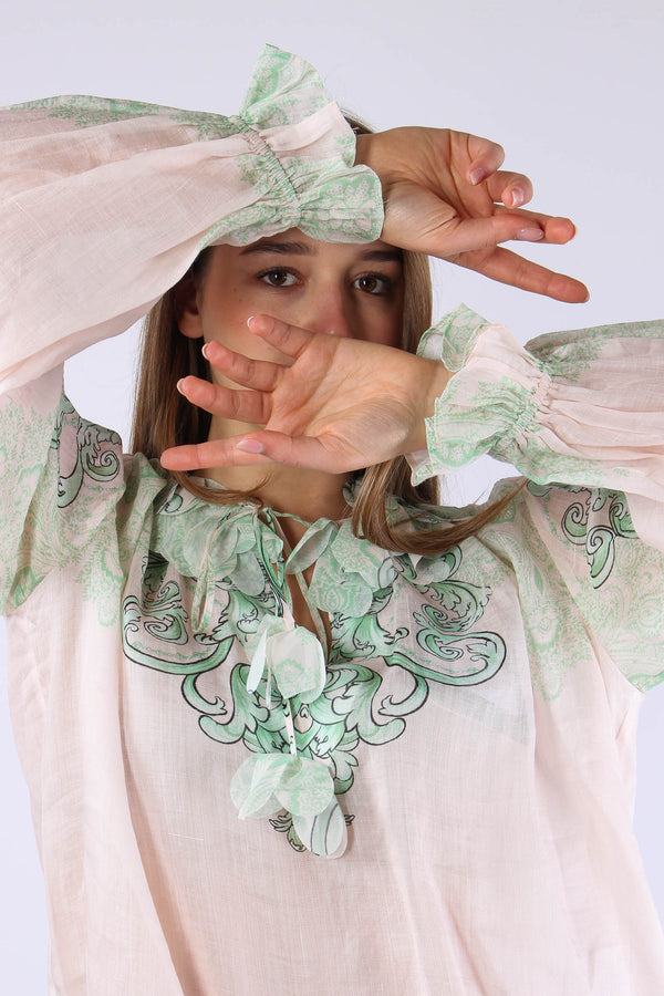 Camicia Lino Fantasia Inserto Nappine Crema/verde-2