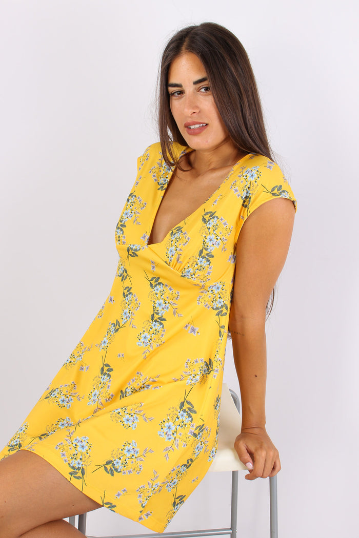 Abito Scollo V Fantasia Fiori Giallo-3