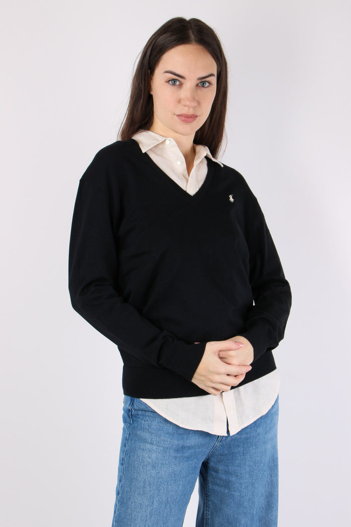 Pullover Cotone Scollo V Polo Black-5