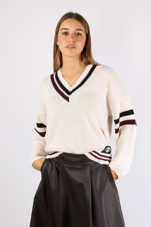 Maglia Lana Scavo V Righe Bianco Burro-2