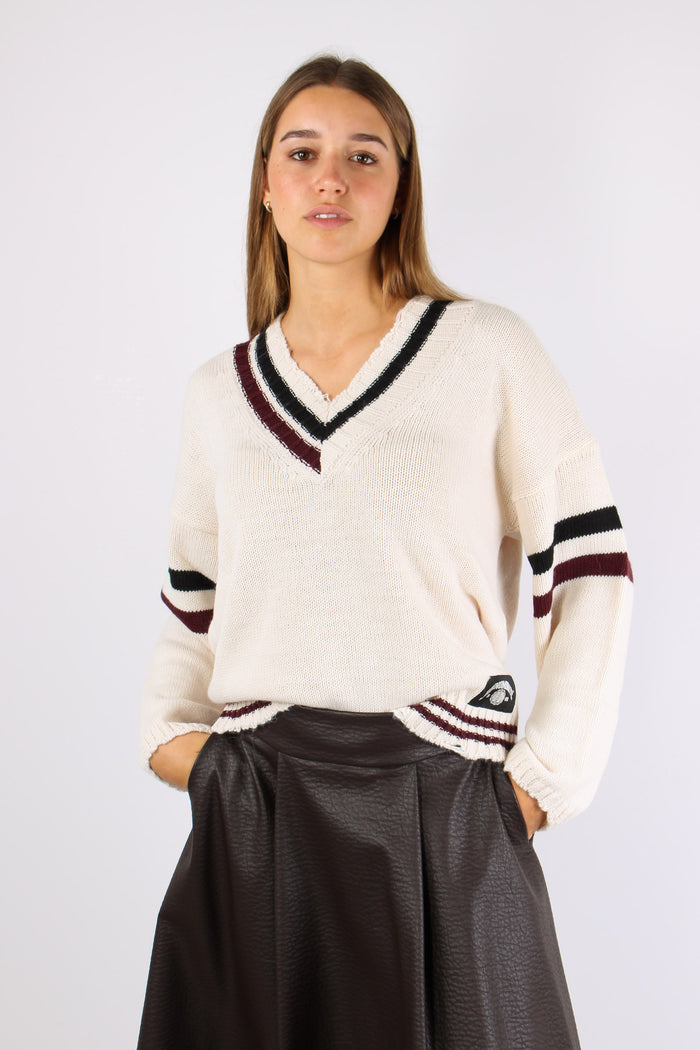 Maglia Lana Scavo V Righe Bianco Burro-2
