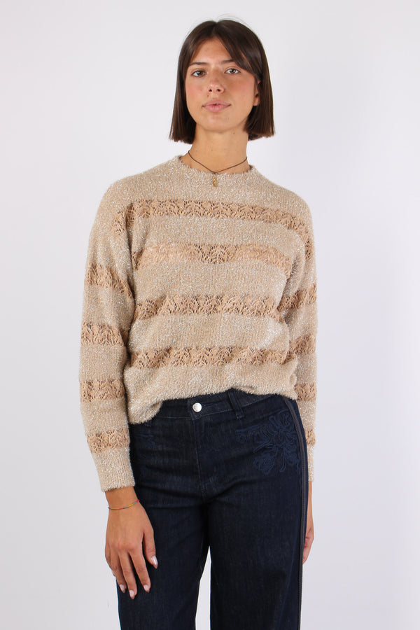 Maglia Riga Lurex Inserto Pizzo Crema-2
