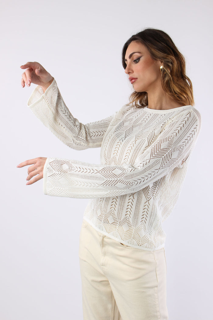 Maglia Macrame Manica Lunga Bianco Lana-3