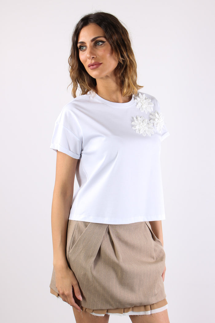 T-shirt Crop Applicazione Fior Bianco-6