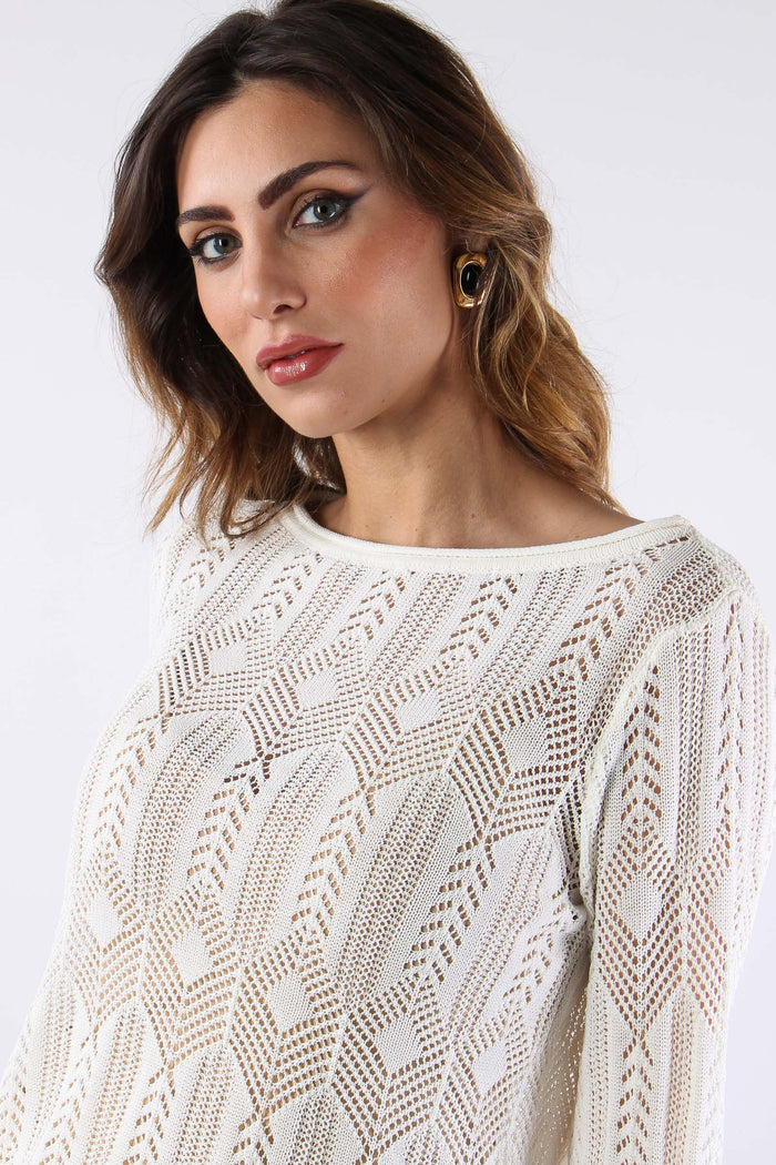 Maglia Macrame Manica Lunga Bianco Lana-8