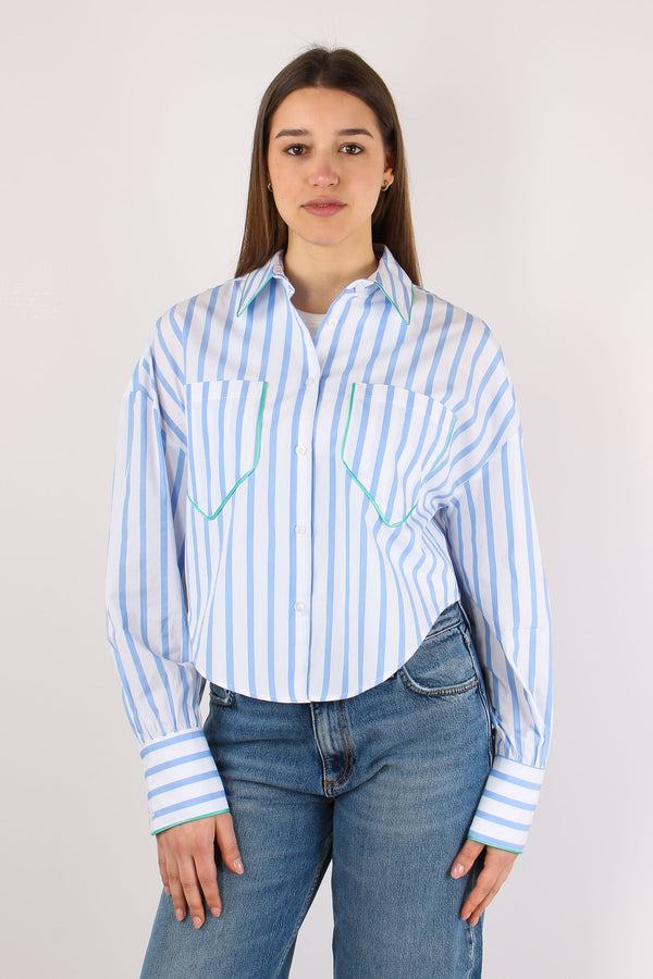 Camicia Crop Riga Taschino Bianco/azzurro-2