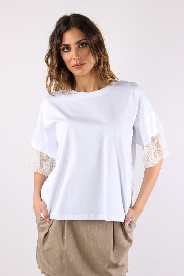 T-shirt Pizzo Inserto Manica Bianco-2