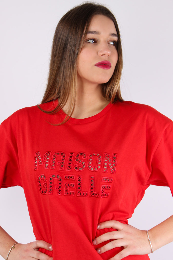 Maxi T-shirt Ricamo Maison Gae Rosso-8