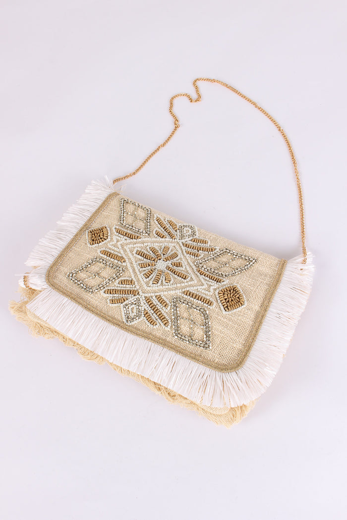 Pochette Ricami Frange Bianco-3