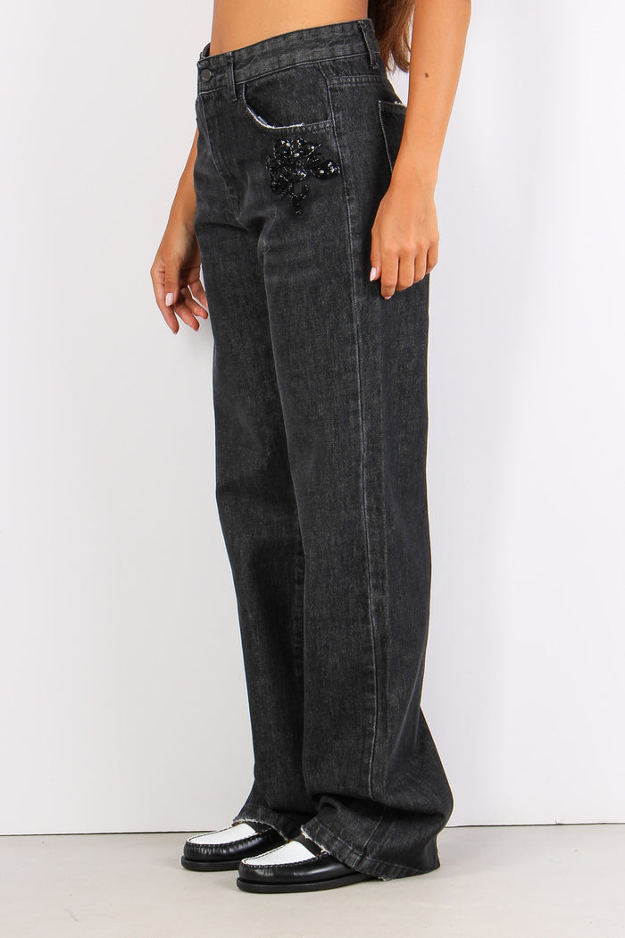 Dewen Denim Applicazione Fiore Nero-4