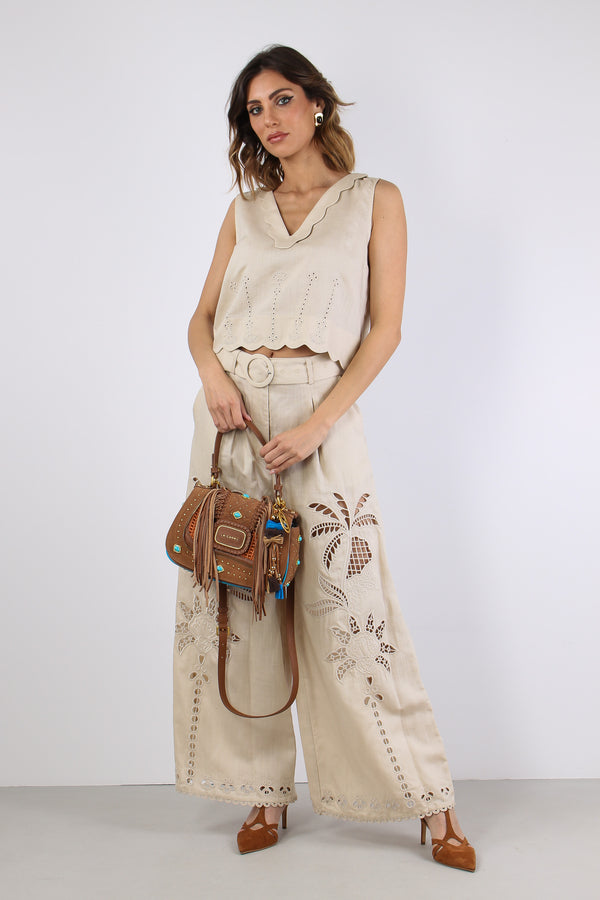 Top Lino Scavo V Merletti Ecru