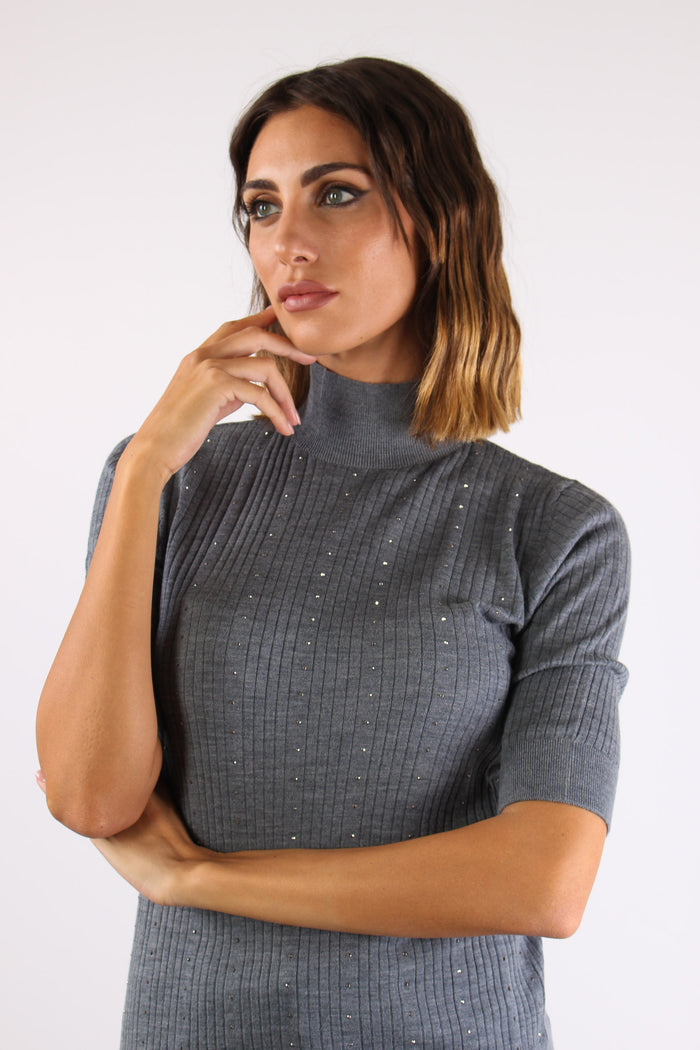 Collo Alto Strass 100% Lana Grigio Melange-7