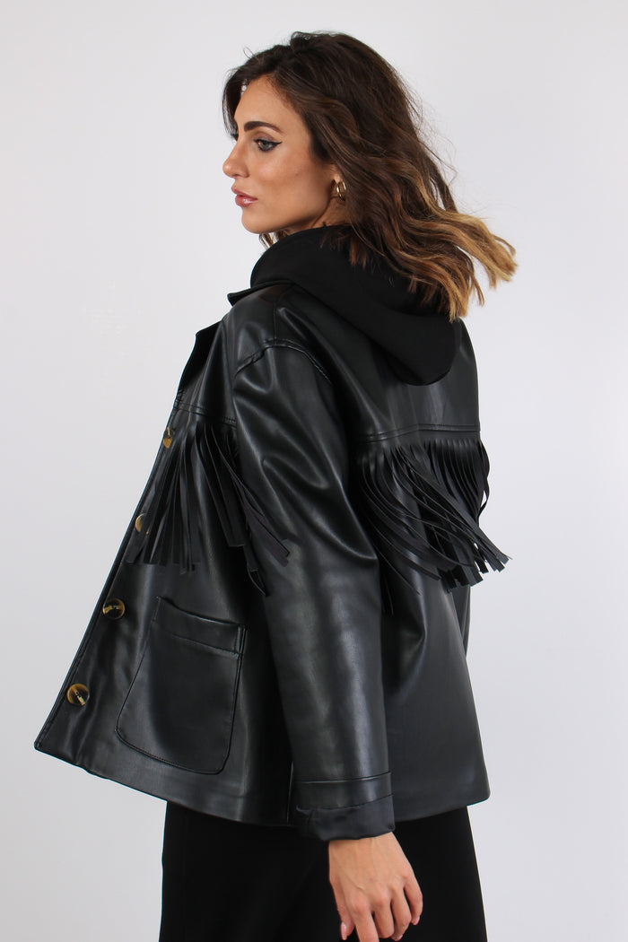 Giacca Ecopelle Frange Nero-3