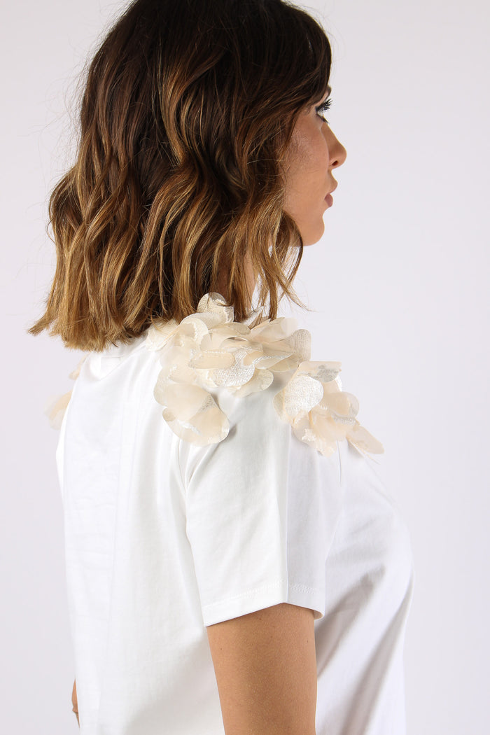 T-shir Applicazione Fiore Spalla Bianco-8