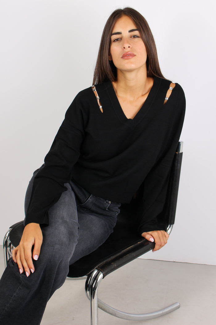 Maglia Scavo V Inserto Strass Nero-4