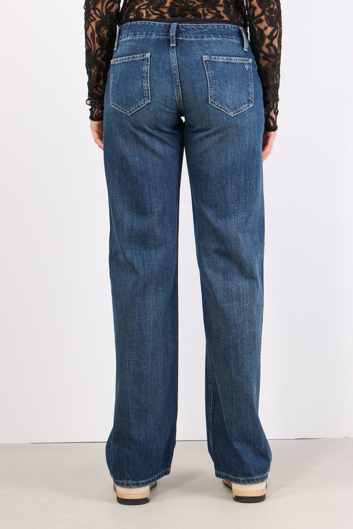 Denim Vita Bassa Gamba Larga Denim Scuro-4