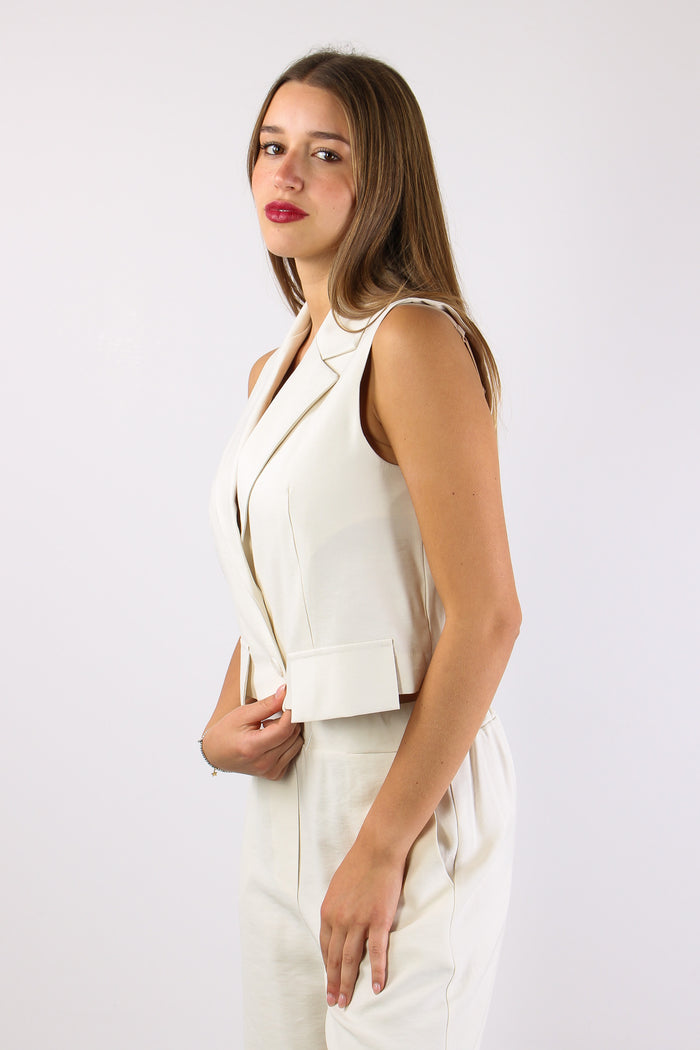 Gilet Cropped Misto Viscosa Panna-3
