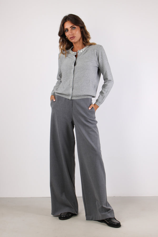 Sade Cardigan Collo Strass Grigio Melange