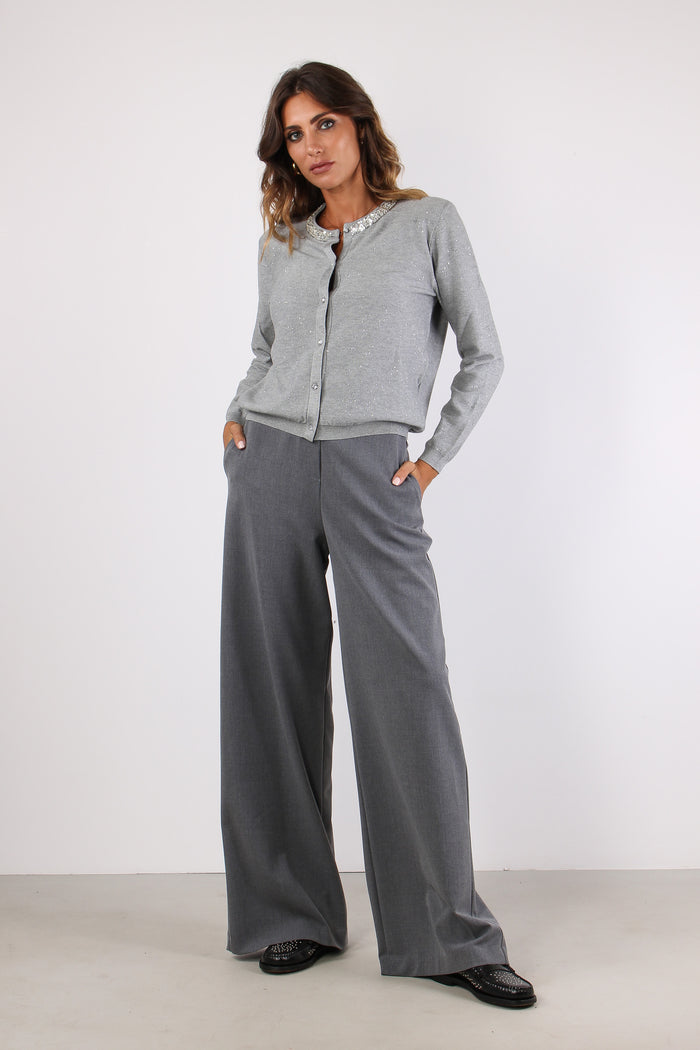 Sade Cardigan Collo Strass Grigio Melange