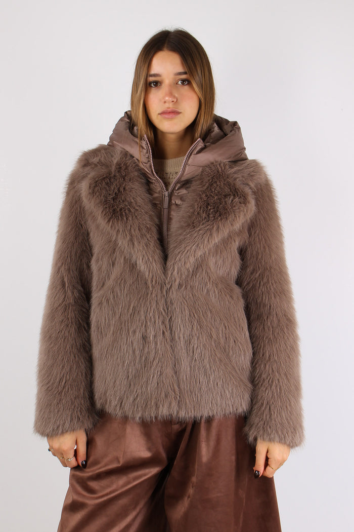 Giubbotto Pelliccia Cappuccio Taupe-4