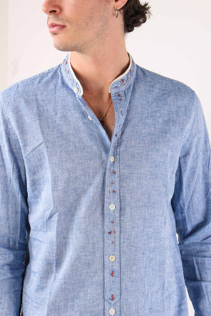 Camicia Lino Ricami Colletto Blu-8