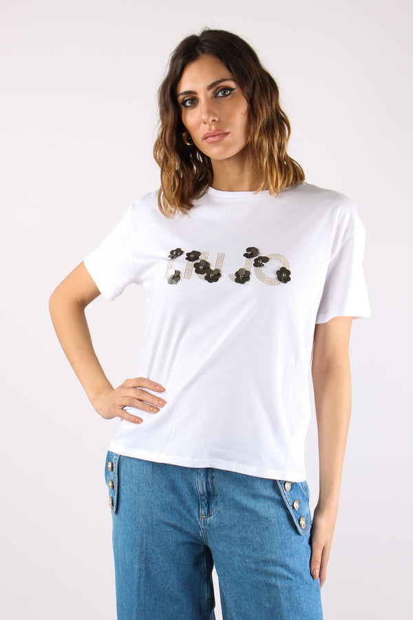 T-shirt Scritta Applicazioni Bianco Liujo-2