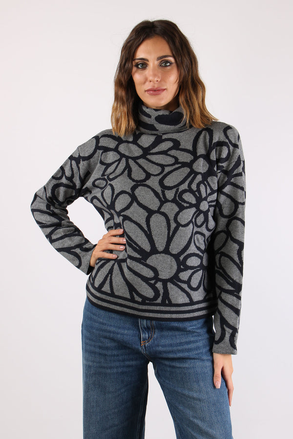Maglia Collo Alto Fiori Blu/grigio