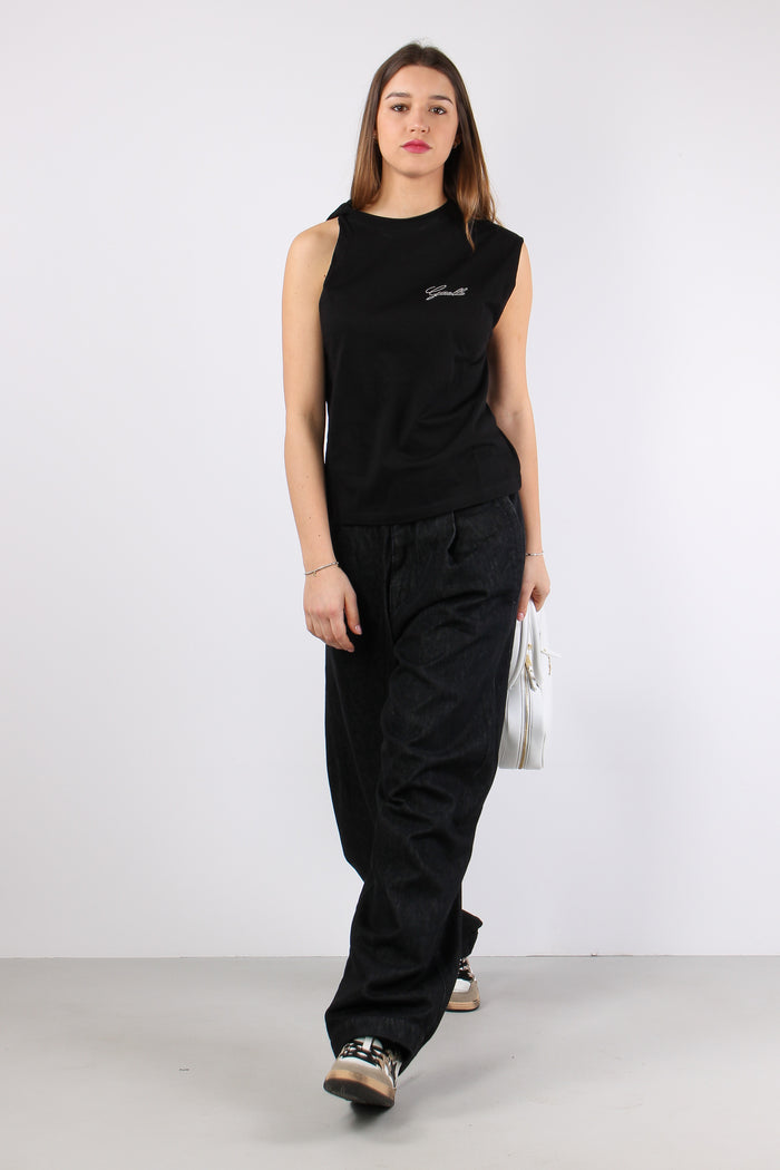 T-shirt Asimmetrica Logo Stras Nero-5