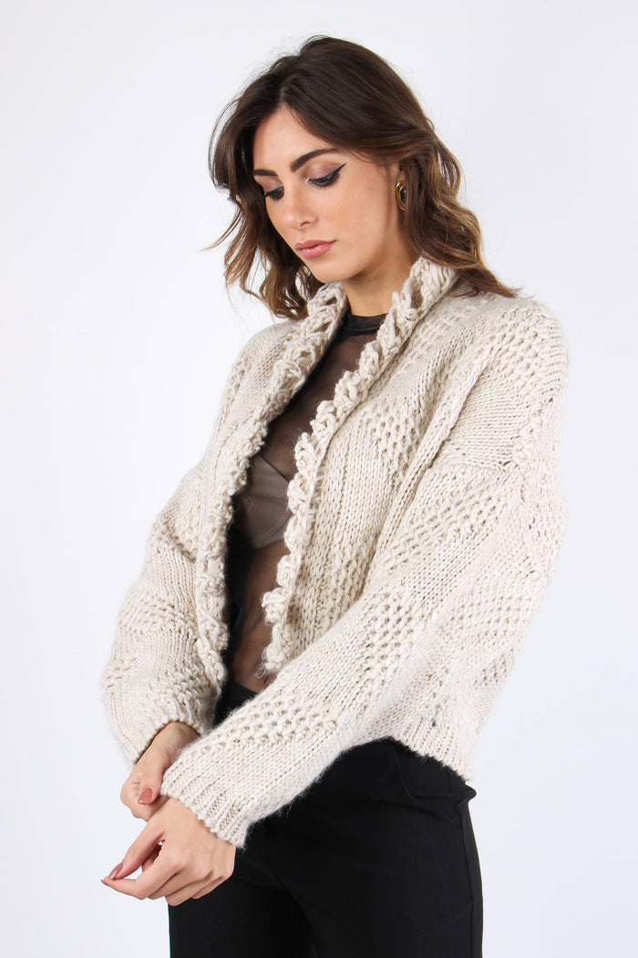 Cardigan Corto Effetto Uncinet Beige-7