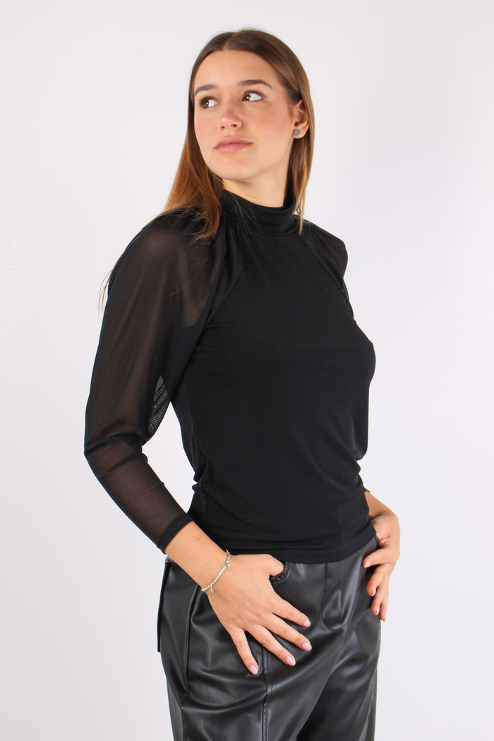 Top Bimateriale Manica Ampia Nero-7