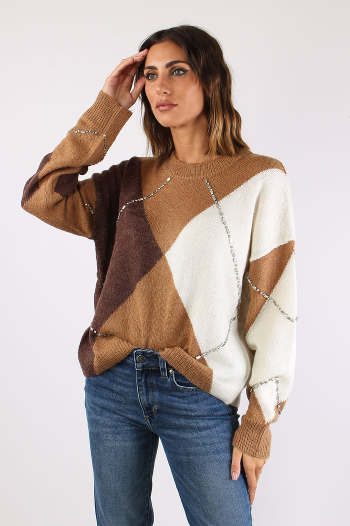 Maglia Maxi Rombi Inserto Strass Camel