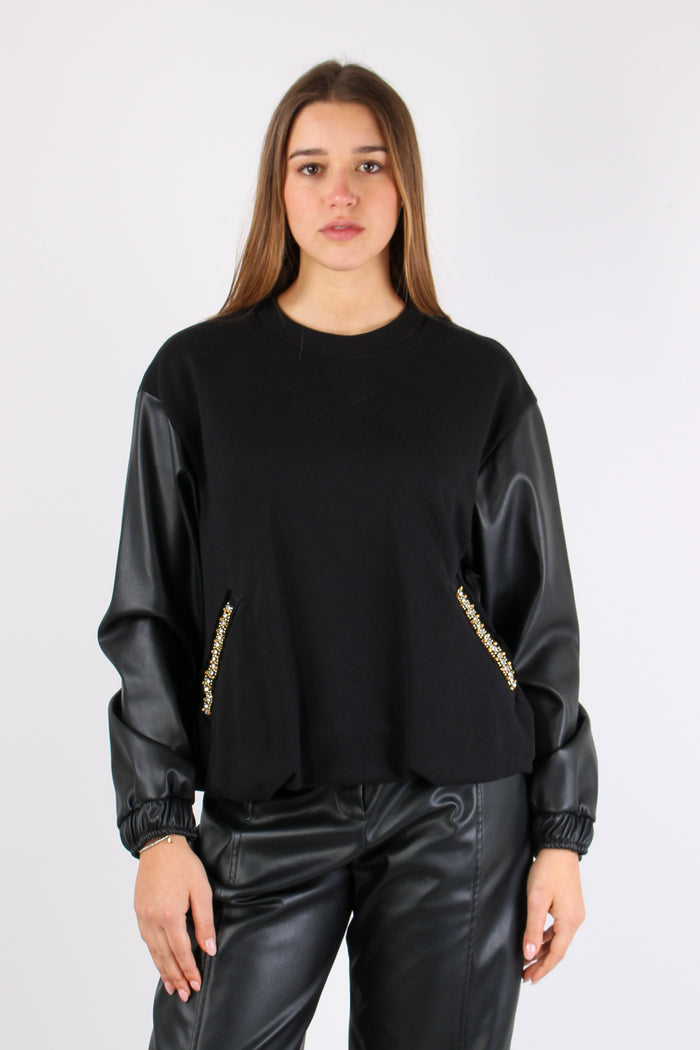 Felpa Inserto Ecopelle Strass Black-2