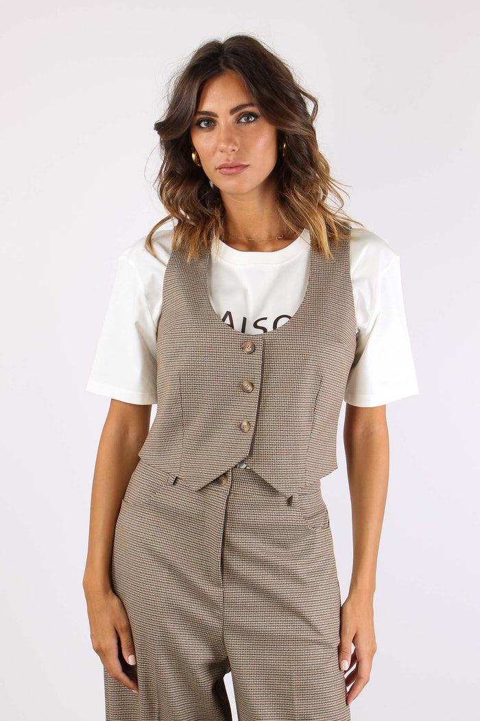 Gilet Stondato Pied De Poule Cammello/nero-2