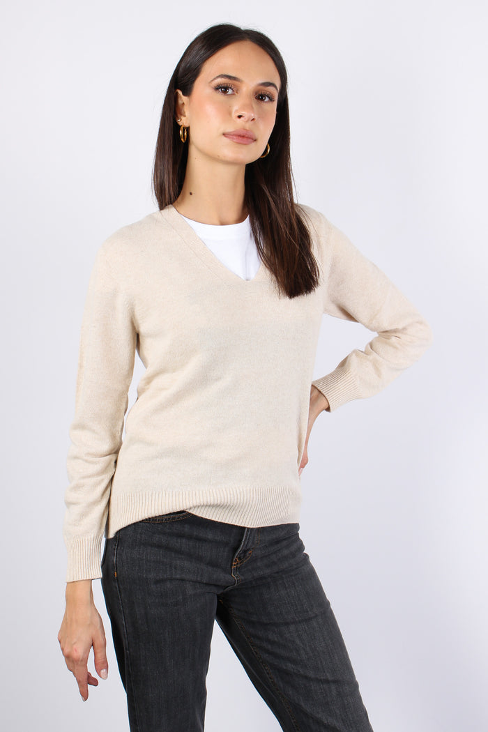 Maglia Misto Cashmere Scollo V Naturale-4