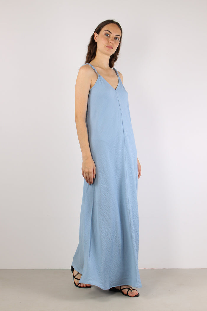 Abito Lungo Spalline Arriccio Azzurro-7