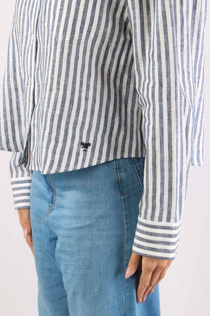 Albatro Camicia Lino Riga Tasca Bianco/blu-7