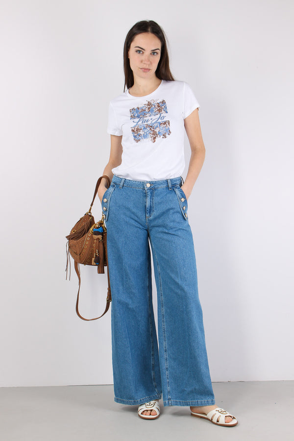 T-shirt Slim Fantasia Fiori Bianco/br