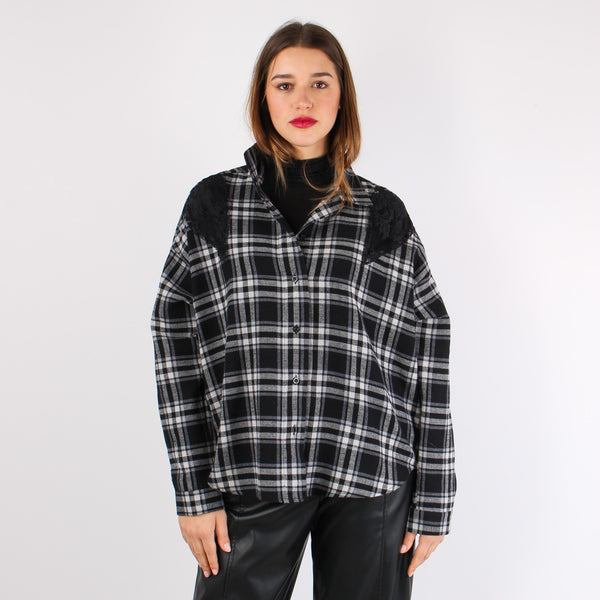 Camicia Quadri Inserto Pizzo Panna/nero-2