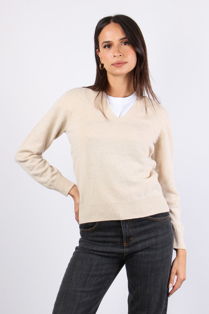 Maglia Misto Cashmere Scollo V Naturale-5