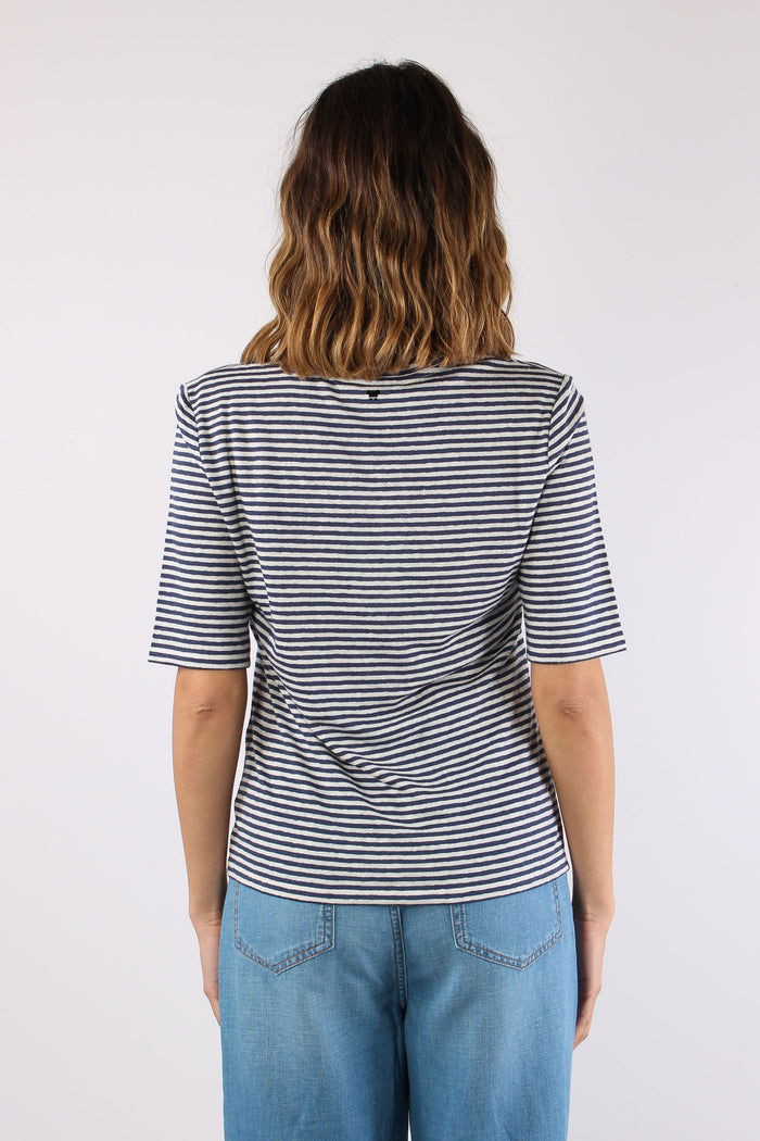 Opzione T-shirt Scavo V Riga Ecru/blu-4