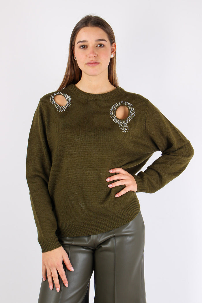 Maglia Aperture Davanti Strass Military Green-3