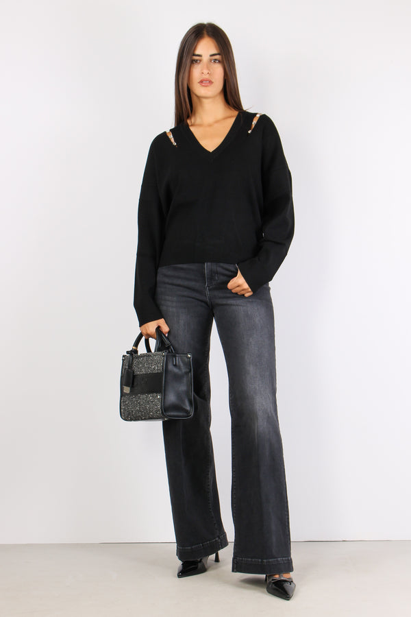 Maglia Scavo V Inserto Strass Nero